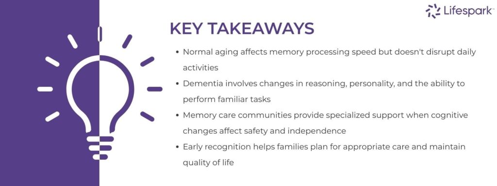 A "Key Takeaways" infographic with text summarizing usual age-related memory changes and common early signs of dementia