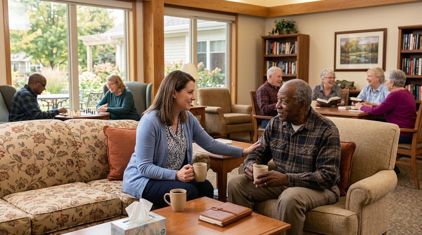 Smiling senior adult in a warm community setting, representing emotional well-being and spiritual support in assisted living.