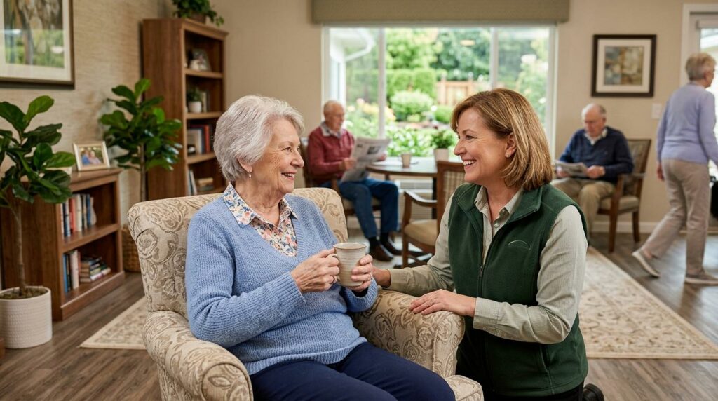 Smiling senior person enjoying time at an assisted living community.