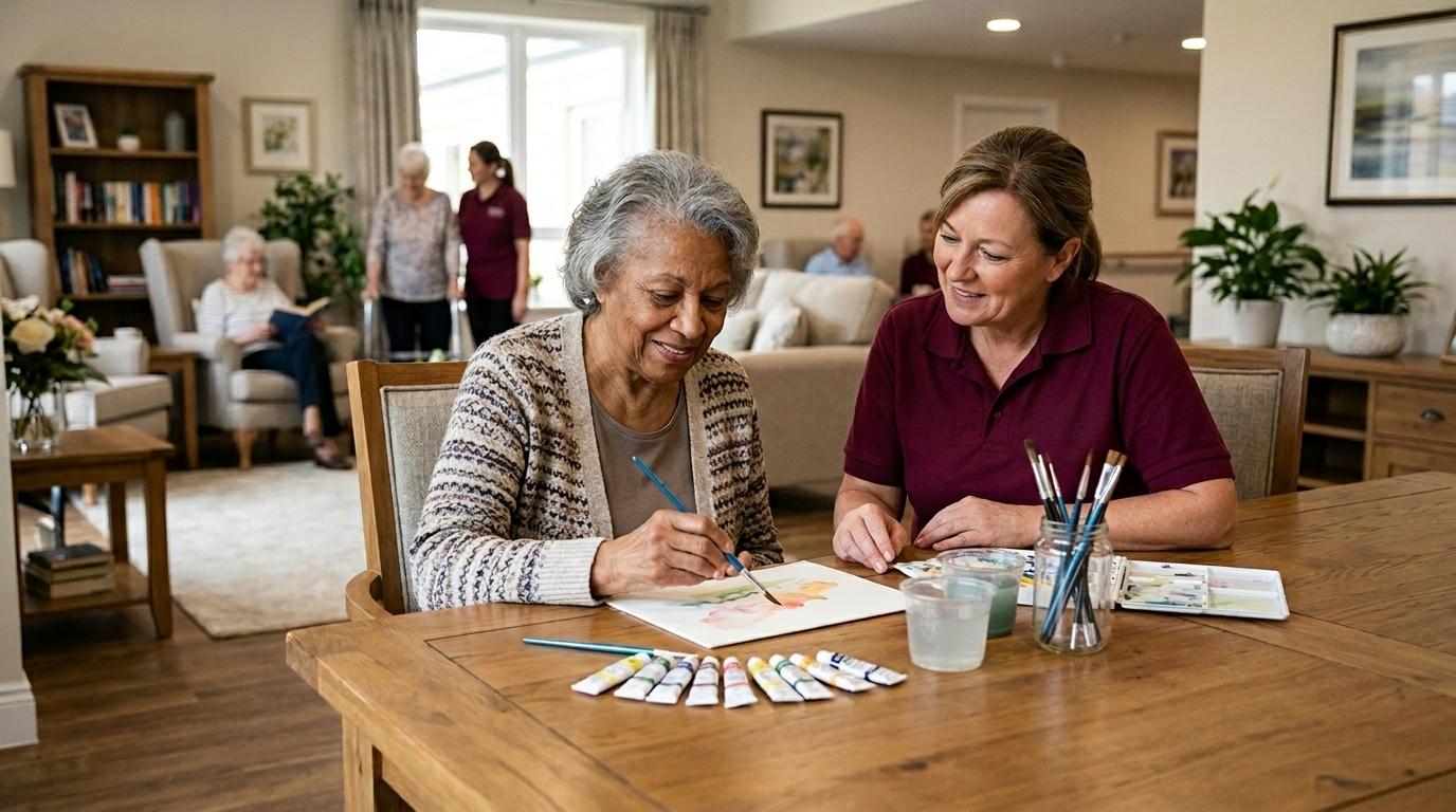 Caregiver assisting a senior resident in a comfortable Care Suite at Boden Senior Living in Apple Valley.