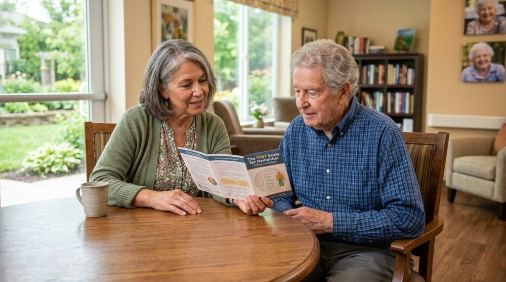 A caregiver and older adult reviewing the FAST Scale stages for dementia together at home.