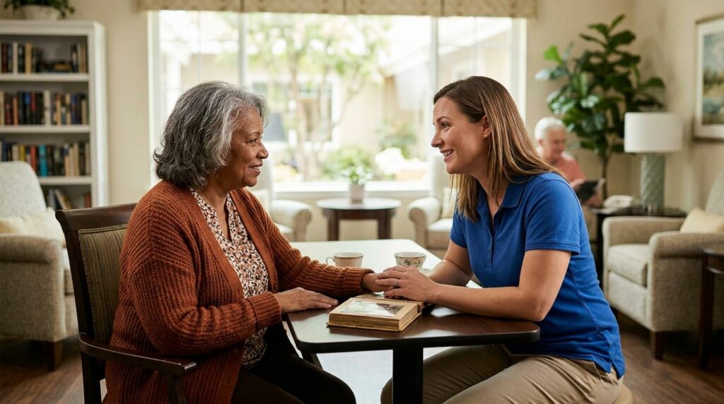 A caring community team member and an older adult discuss assisted living options together in a warm, comfortable senior living setting.
