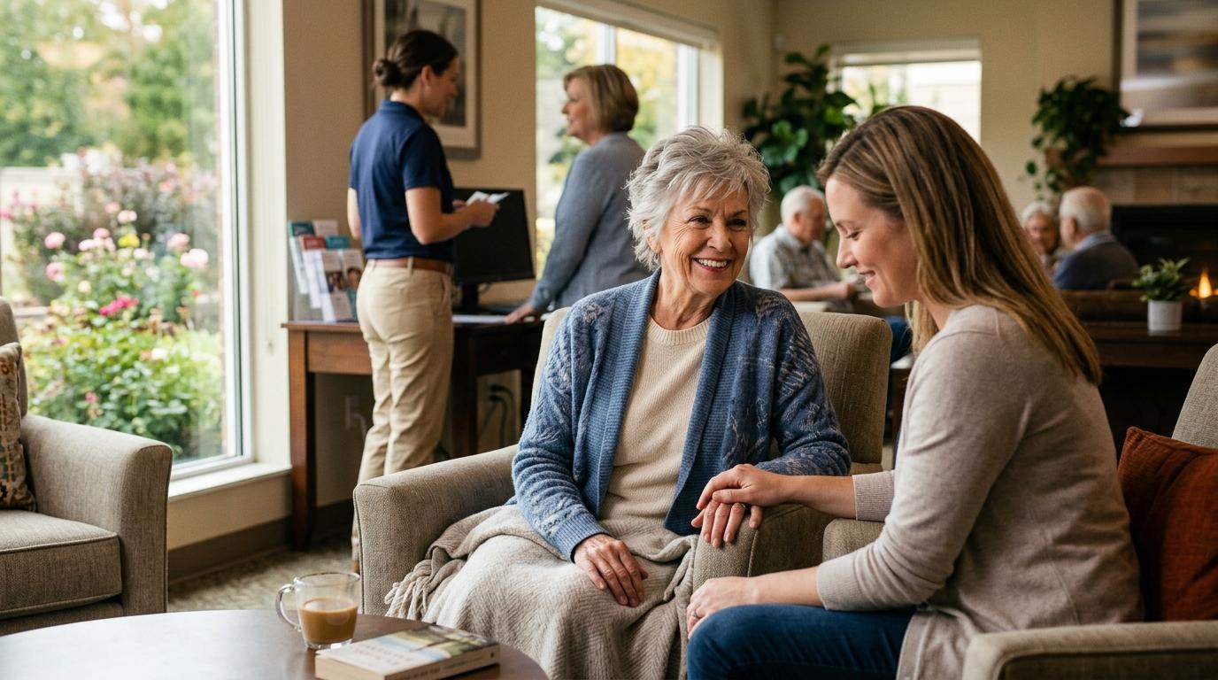 An older adult and their family member review care options together at a senior living community in Apple Valley, exploring the differences between assisted living and enhanced care.