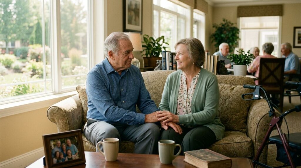 An older adult couple sit in a bright room on a couch holding each other's hands.