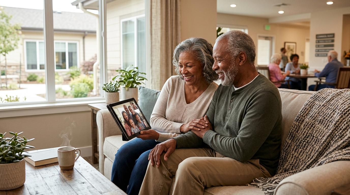 Two adults sit on a couch holding hands and smiling, while talking to their family on an iPad.